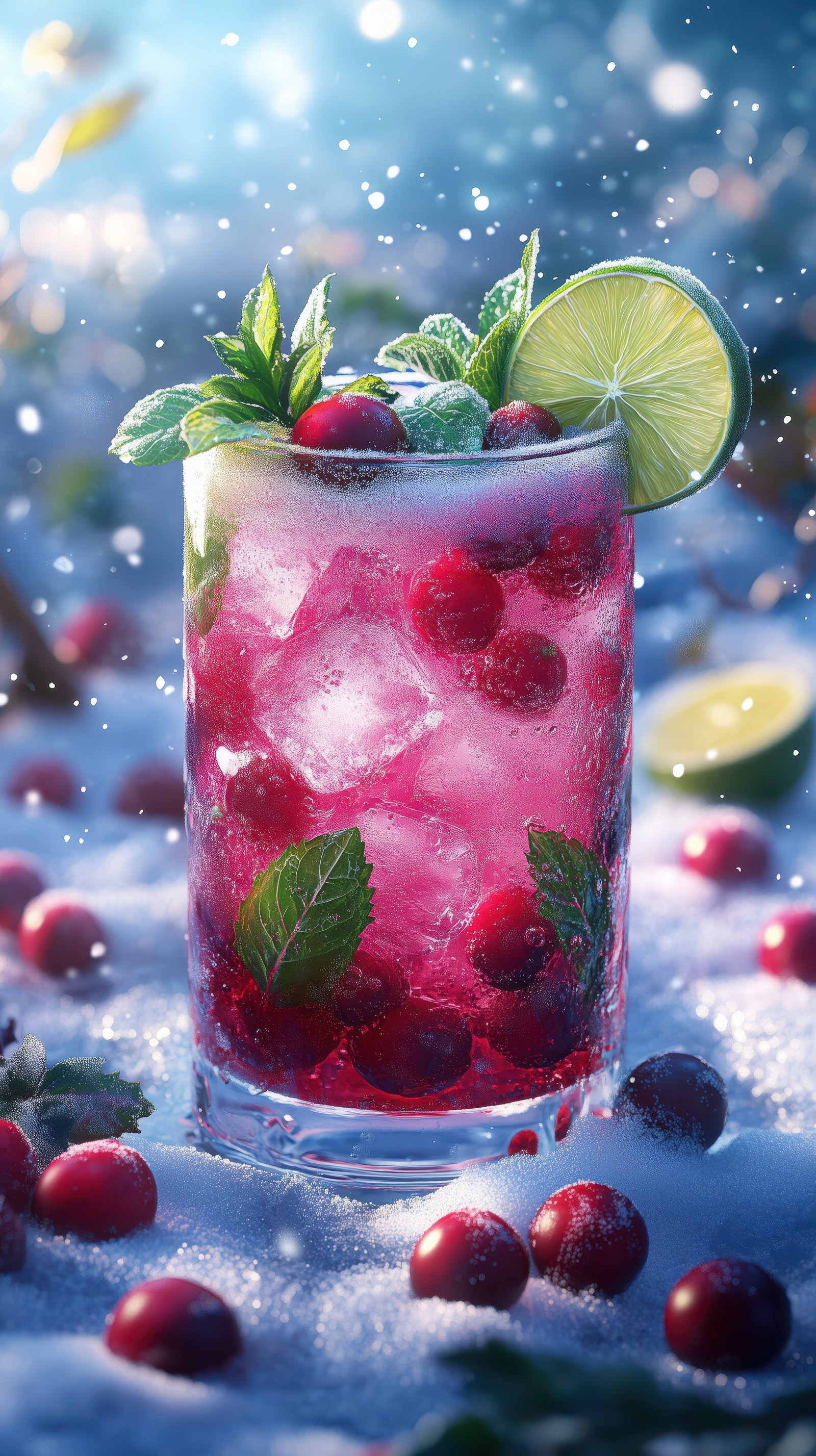 Refreshing berry drink garnished with mint and lime in a winter setting with falling snow